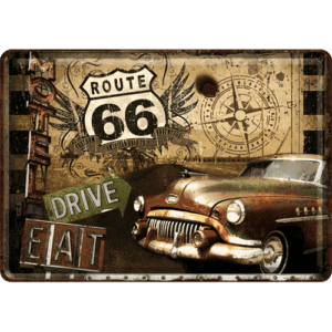 Vykort Plåt 10x14cm Route 66 Drive Eat